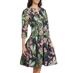 $3690 Oscar De La Renta Women's Floral Print Pleated Dress Navy Size 12 - Italy